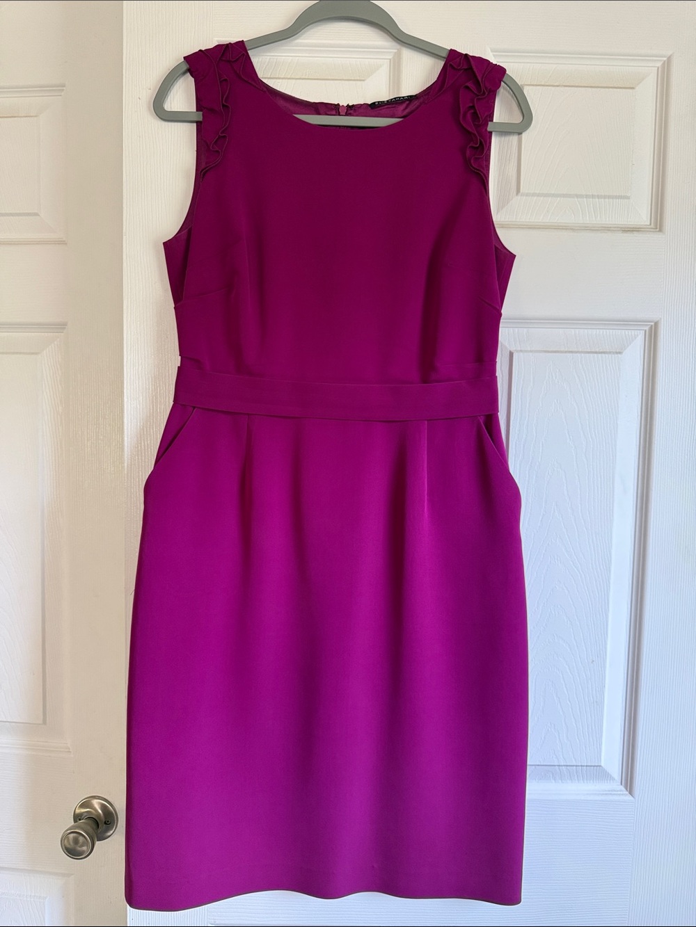 Elie Tahari Fuchsia Sleeveless Sheath Dress with Ruffle Shoulders